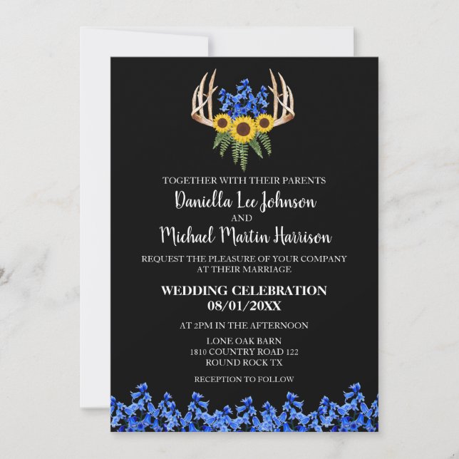 Country Rustic Floral Antlers Wedding Invitation (Front)
