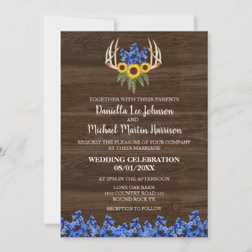 Country Rustic Floral Antlers Wedding Invitation