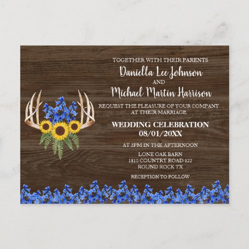 Country Rustic Floral Antlers Wedding Invitation Postcard