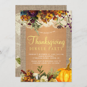 Country rustic floral burlap Thanksgiving dinner Invitation