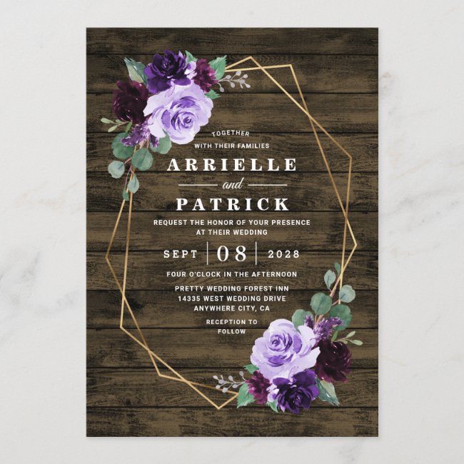 Country Rustic Floral Purple and Gold Wedding Invitation