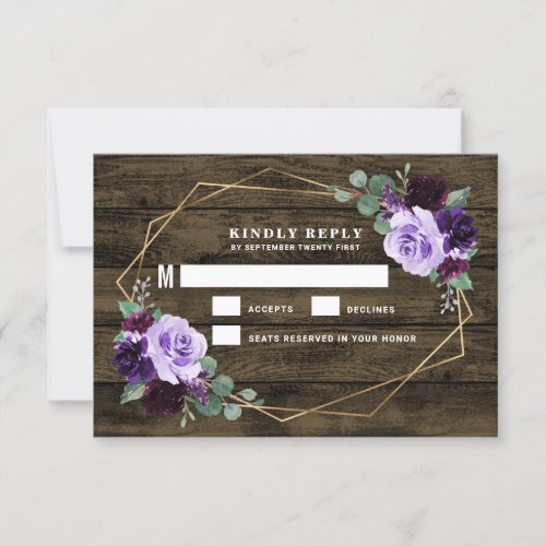 Country Rustic Floral Purple and Gold Wedding RSVP Card