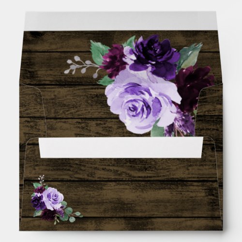 Country Rustic Floral Purple and Gold Wood Wedding Envelope