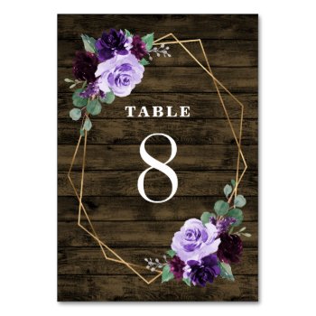 Country Rustic Floral Purple And Gold Wood Wedding Table Number by RusticWeddings at Zazzle