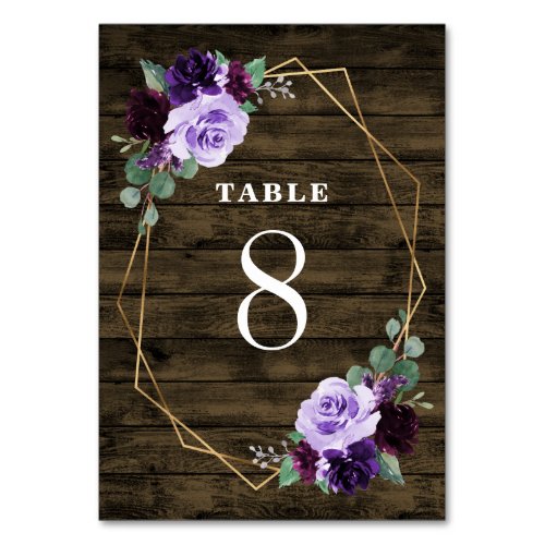 Country Rustic Floral Purple and Gold Wood Wedding Table Number