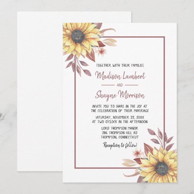 Country Rustic Floral Sunflowers Fall Wedding Invitation (Front/Back)