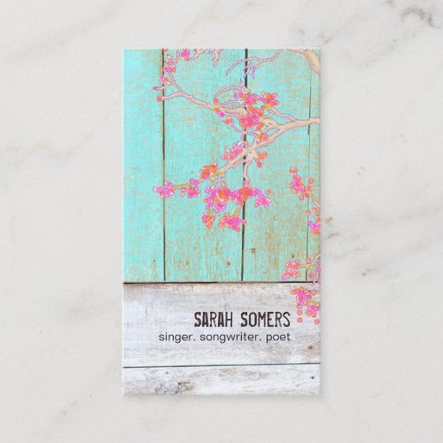 Country Rustic Floral Turquoise Wood Business Card