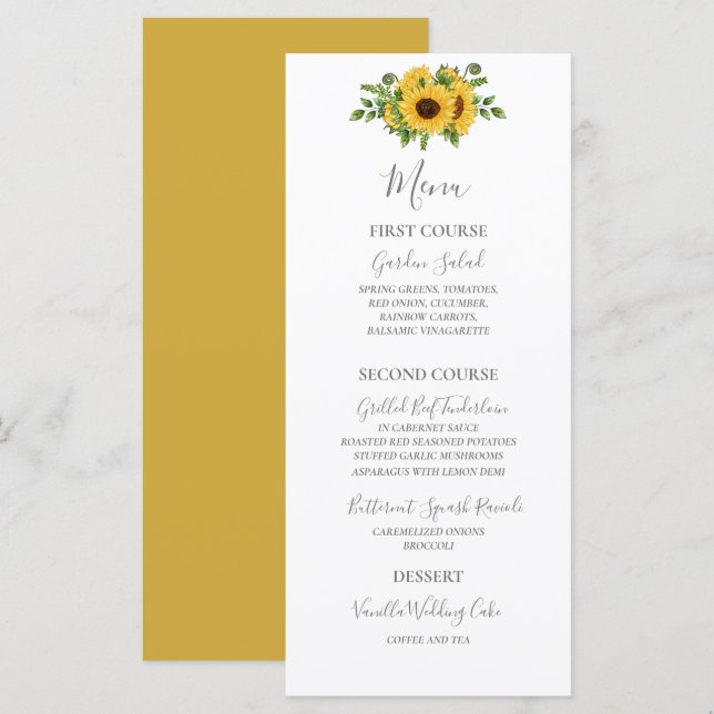 Country Rustic Gold Floral Sunflower Wedding Menu (Front/Back)