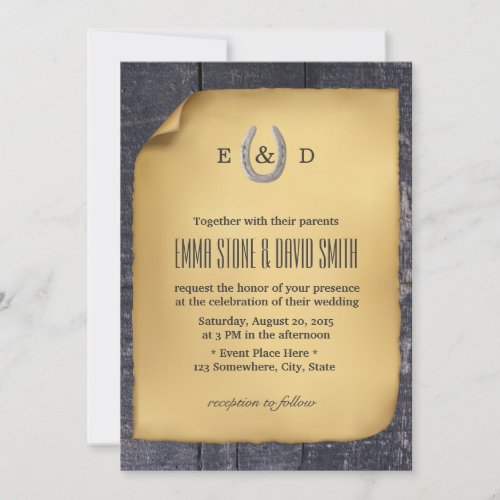 Country Rustic Horseshoe Barn Wood Wedding Invitation