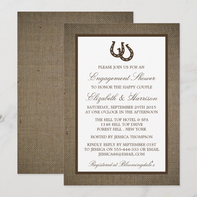 Country Rustic Horseshoe Brown Burlap Engagement Invitation (Front/Back)