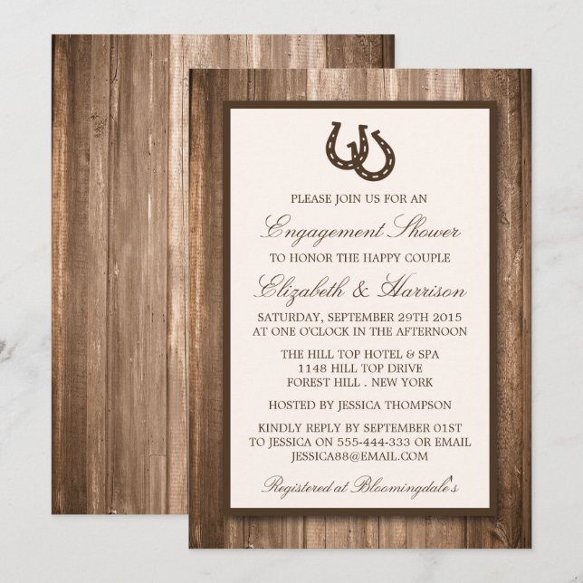 Country Rustic Horseshoe Brown Wood Engagement Invitation (Front/Back)