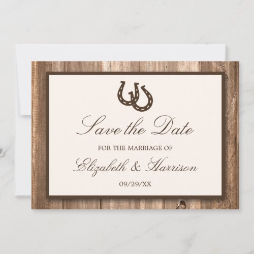 Country Rustic Horseshoe Brown Wood Save The Date