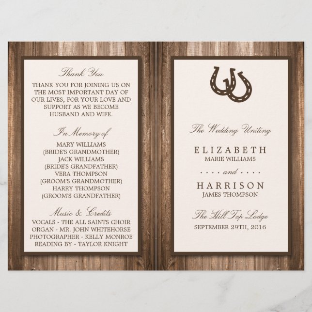 Country Rustic Horseshoe & Brown Wood Wedding (Front)