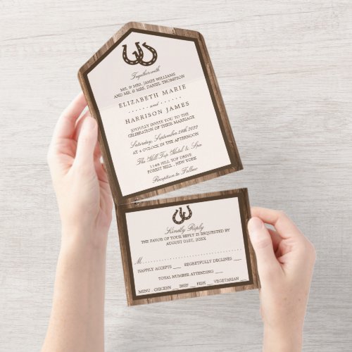 Country Rustic Horseshoe  Brown Wood Wedding All In One Invitation