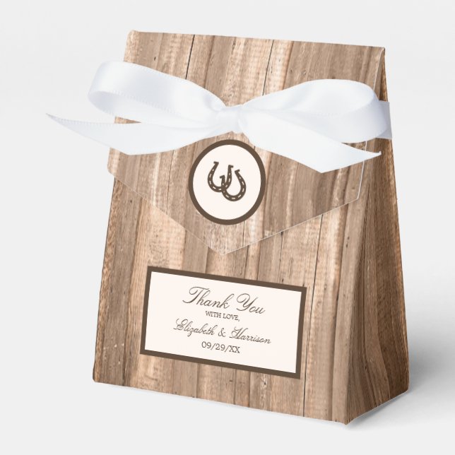Country Rustic Horseshoe & Brown Wood Wedding Favor Boxes (Front Side)