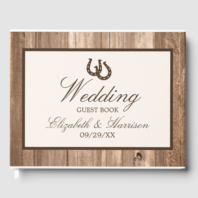 Country Rustic Horseshoe & Brown Wood Wedding Guest Book (Front)