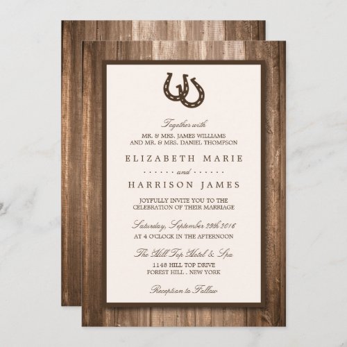 Country Rustic Horseshoe  Brown Wood Wedding Invitation