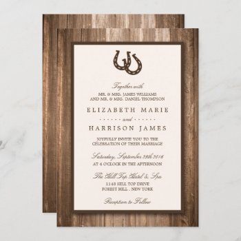 Country Rustic Horseshoe & Brown Wood Wedding Invitation by WeddingStore at Zazzle