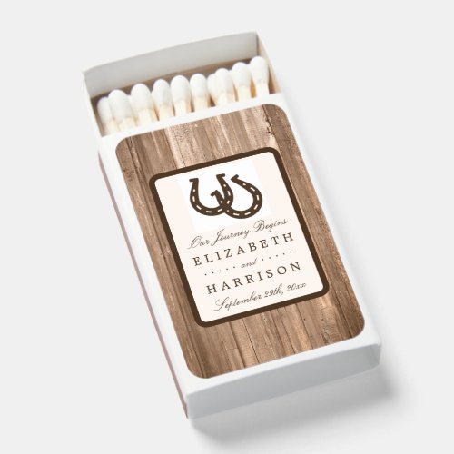 Country Rustic Horseshoe  Brown Wood Wedding Matchboxes