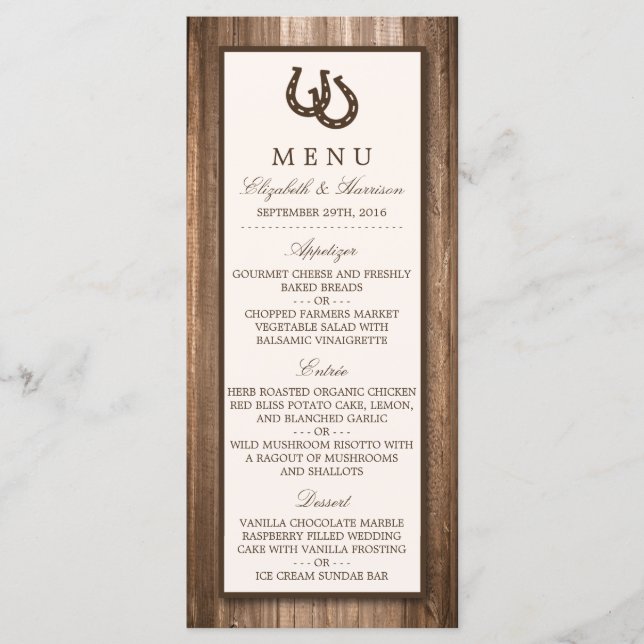 Country Rustic Horseshoe & Brown Wood Wedding Menu (Front)