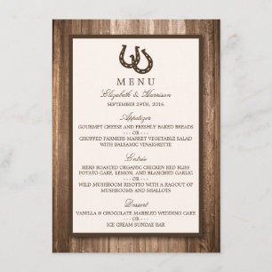 Country Rustic Horseshoe & Brown Wood Wedding Menu