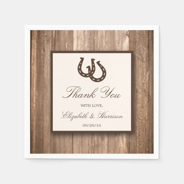 Country Rustic Horseshoe & Brown Wood Wedding Paper Napkins (Front)