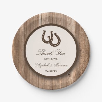 Country Rustic Horseshoe & Brown Wood Wedding Paper Plates by WeddingStore at Zazzle