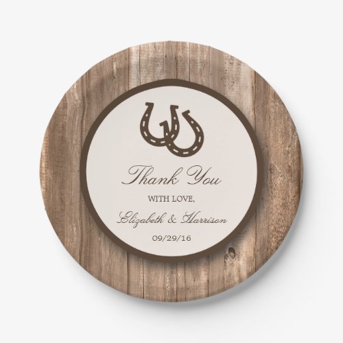 Country Rustic Horseshoe  Brown Wood Wedding Paper Plates