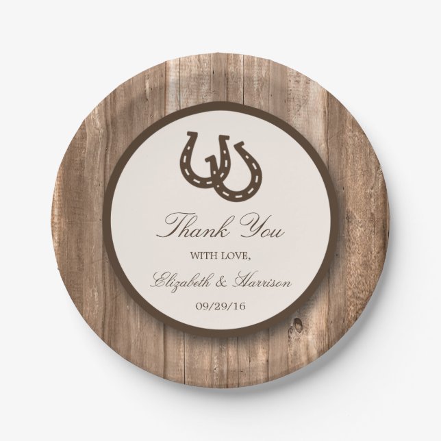 Country Rustic Horseshoe & Brown Wood Wedding Paper Plates (Front)