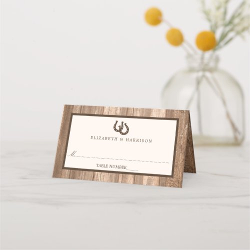 Country Rustic Horseshoe  Brown Wood Wedding Place Card