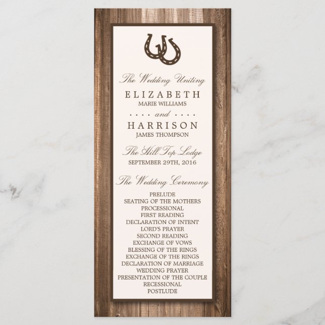 Country Rustic Horseshoe & Brown Wood Wedding Program (Front)