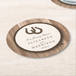 Country Rustic Horseshoe &amp; Brown Wood Wedding Round Paper Coaster at Zazzle