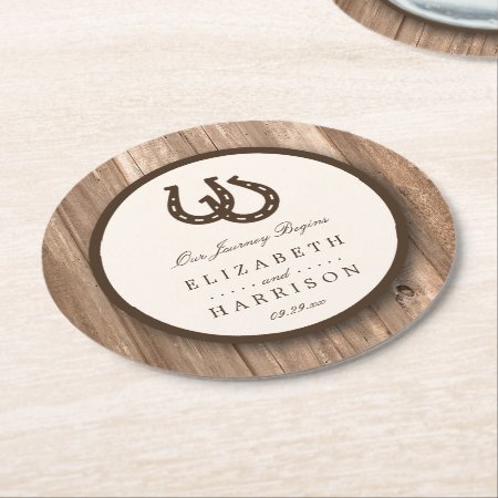Country Rustic Horseshoe & Brown Wood Wedding Round Paper Coaster