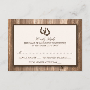 Country Rustic Horseshoe & Brown Wood Wedding RSVP Card