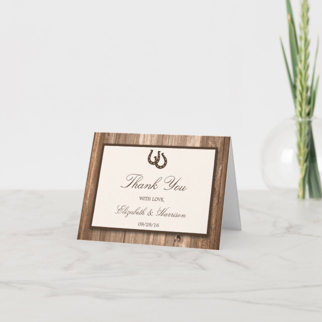Country Rustic Horseshoe & Brown Wood Wedding Thank You Card (Front)