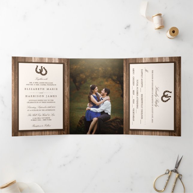 Country Rustic Horseshoe & Brown Wood Wedding Tri-Fold Invitation (Inside)