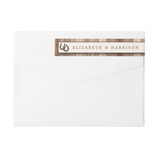 Country Rustic Horseshoe & Brown Wood Wedding Wrap Around Label (Back)