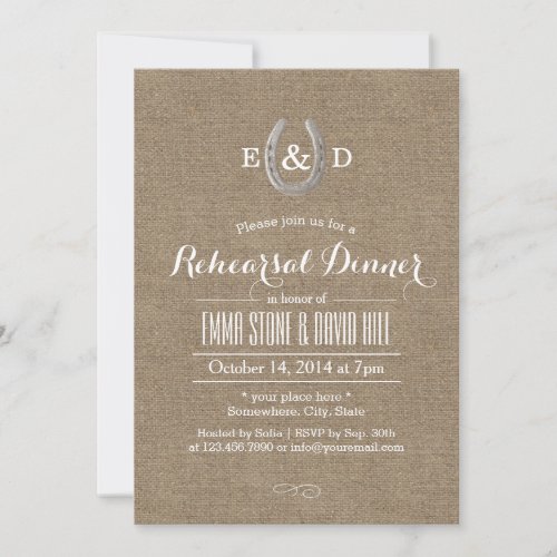 Country Rustic Horseshoe Burlap Rehearsal Dinner 5x7 Paper Invitation Card