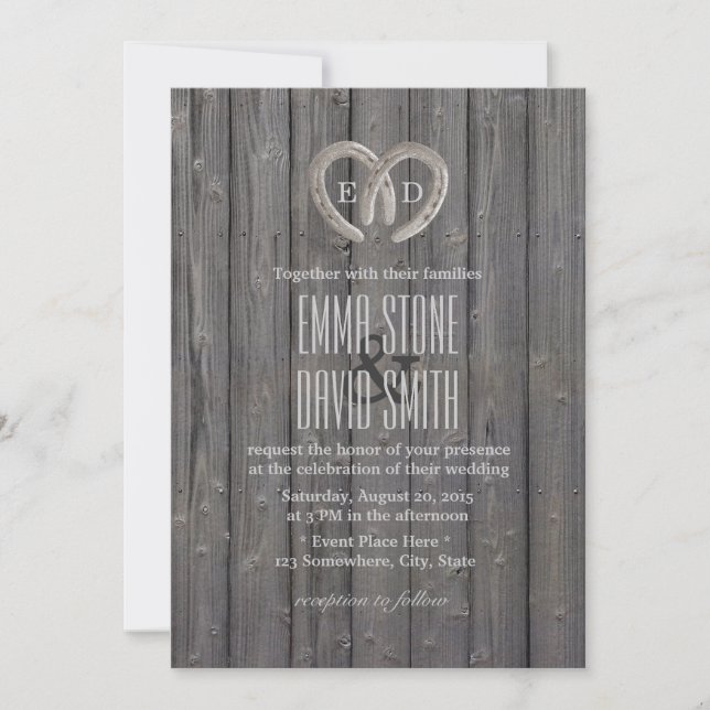 Country Rustic Horseshoe Heart Barn Wood Wedding Invitation (Front)