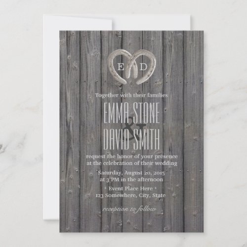 Country Rustic Horseshoe Heart Barn Wood Wedding Invitation