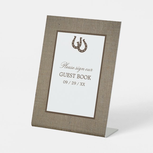 Country Rustic Horseshoe On Burlap Pedestal Sign (Front)