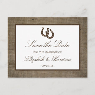 Country Rustic Horseshoe On Burlap Save The Date Announcement Postcard