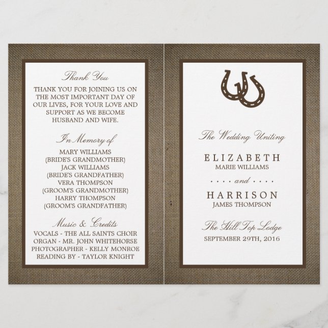 Country Rustic Horseshoe On Burlap Wedding (Front)