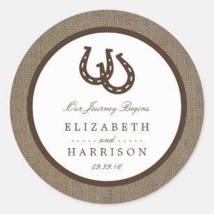 Country Rustic Horseshoe On Burlap Wedding Classic Round Sticker