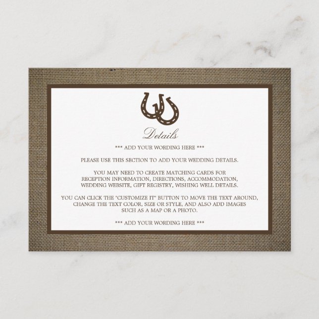 Country Rustic Horseshoe On Burlap Wedding Detail Enclosure Card (Front)
