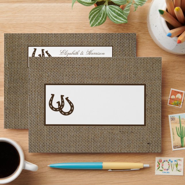 Country Rustic Horseshoe On Burlap Wedding Envelope (Desk)