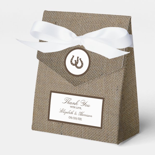 Country Rustic Horseshoe On Burlap Wedding Favor Boxes (Front Side)