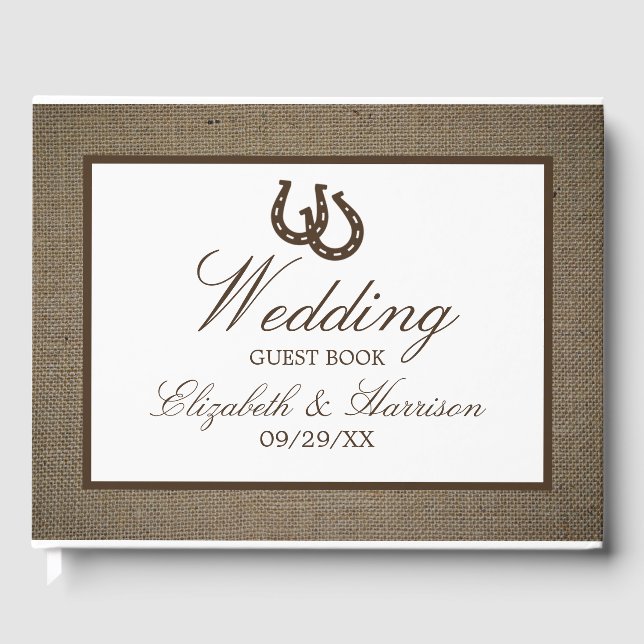 Country Rustic Horseshoe On Burlap Wedding Guest Book (Front)