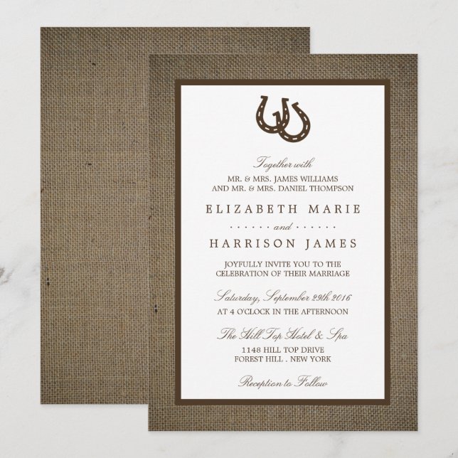 Country Rustic Horseshoe On Burlap Wedding Invitation (Front/Back)