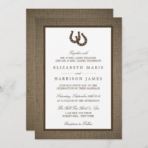 Country Rustic Horseshoe On Burlap Wedding Invitation